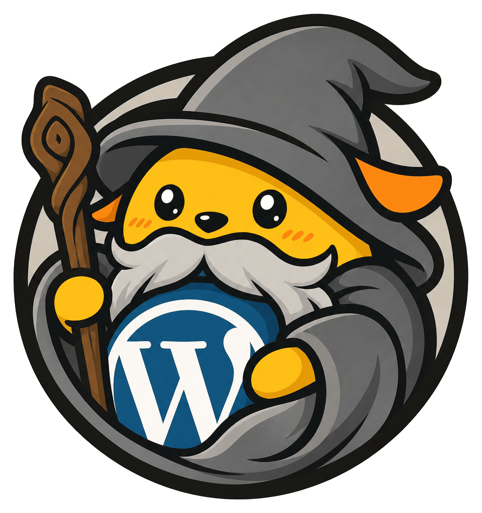 Wapuu dressed as a grey-robed wizard with a pointed hat, long beard, and wooden staff, holding a WordPress logo orb.