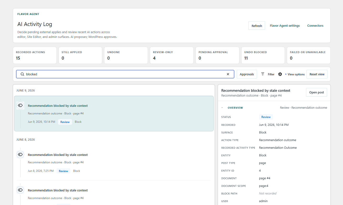 AI Activity search results showing recommendations blocked by stale context with a selected detail panel.