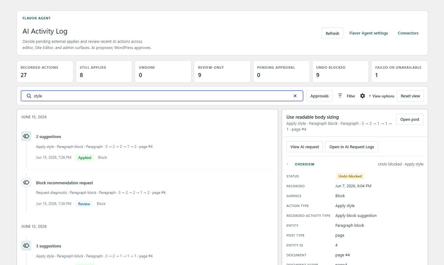 AI Activity search results showing an applied style change with undo blocked status in the detail panel.