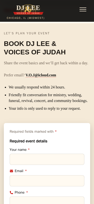 The booking request form on thevoicesofjudah.com on a phone, stating: your info is only used to reply to your request