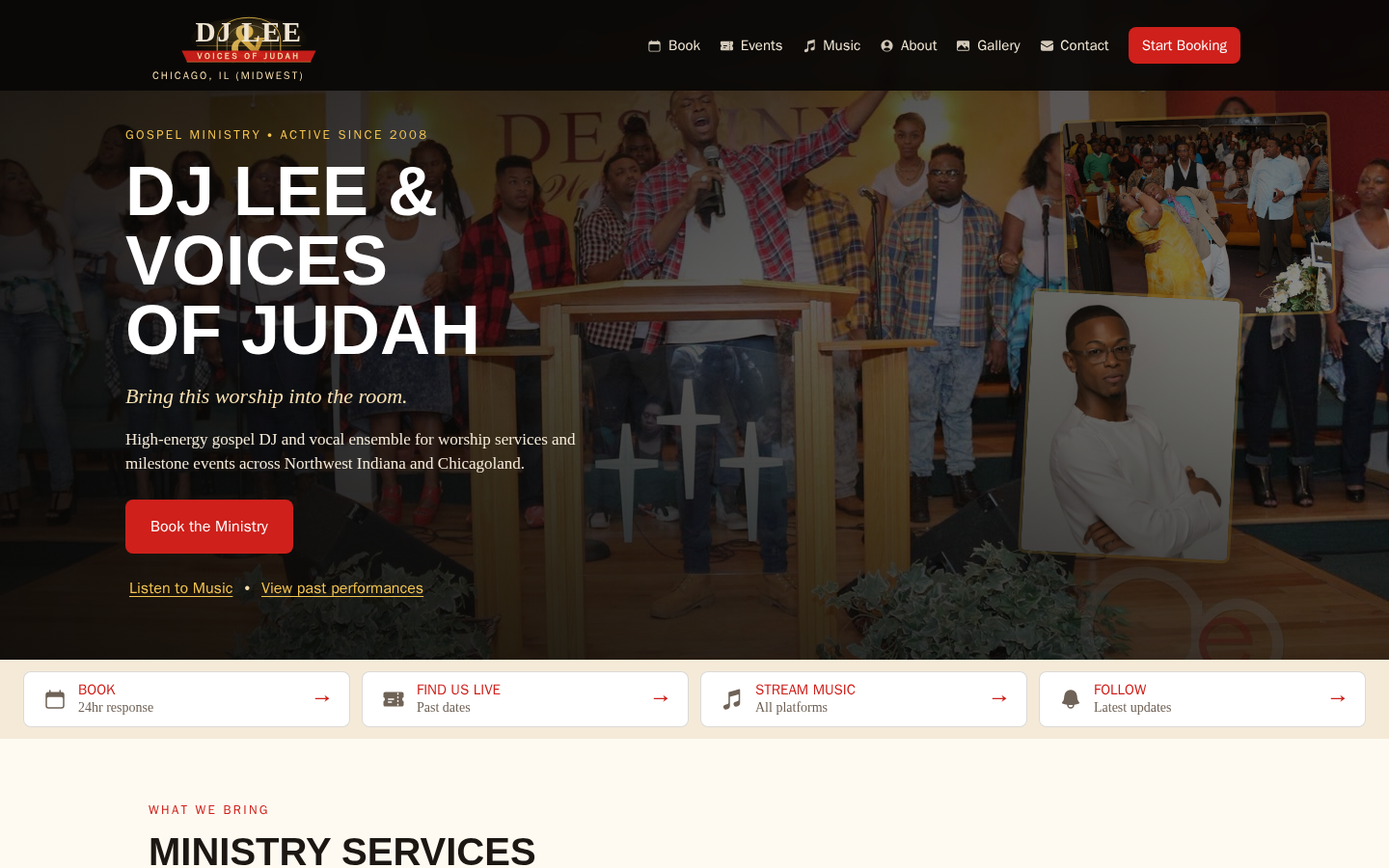 The thevoicesofjudah.com homepage: hero headline, booking call-to-action, and a quick-actions row for booking, live dates, music, and social